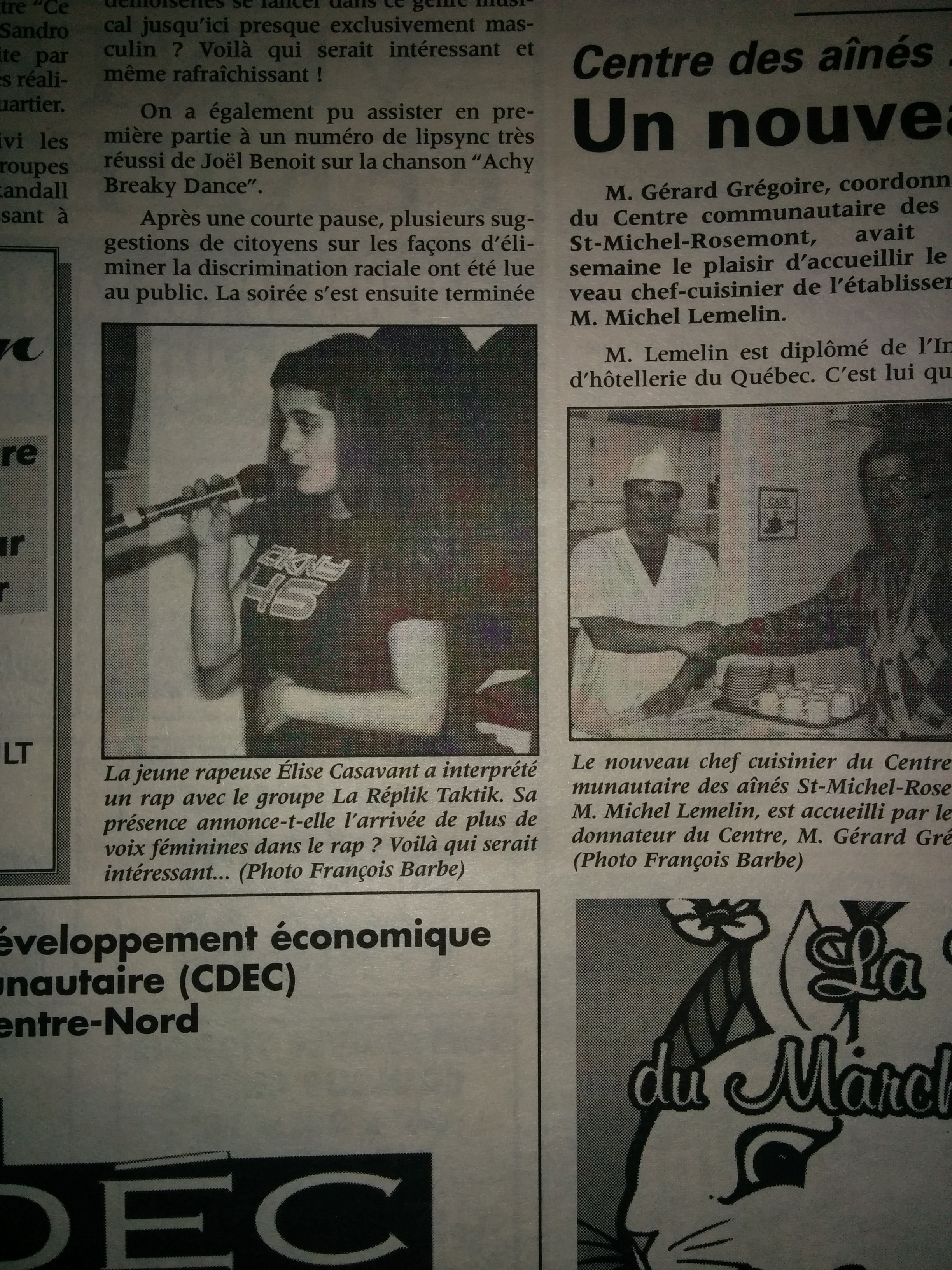 Élise Casavant rappeuse de StMichel ( 24 mai 1998_ Journal de St-Michel)